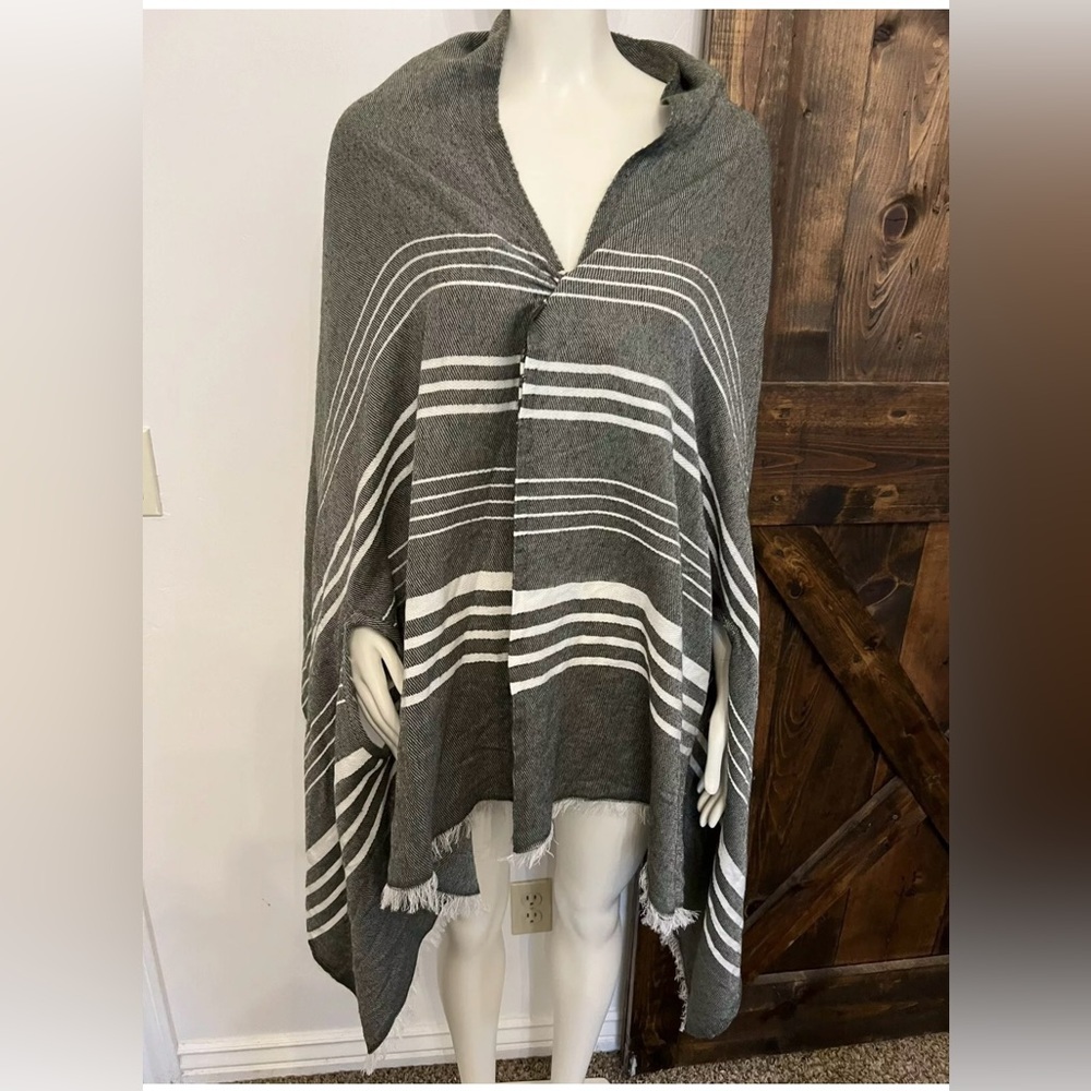 J.Crew Grey Striped Fringe Poncho / Cape / Scarf